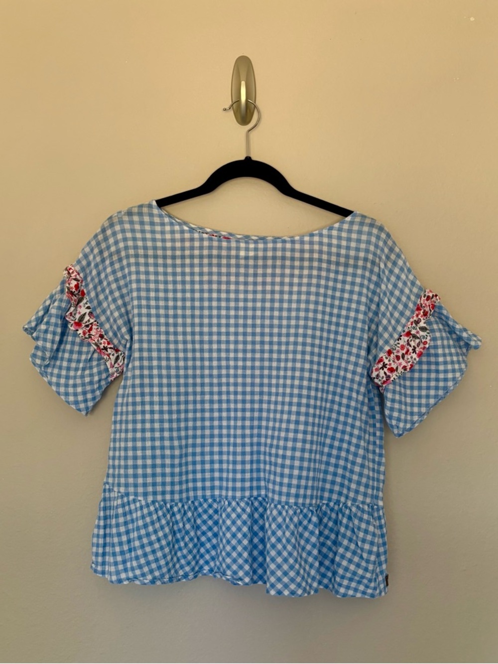 Matilda Jane "Rural Route" Blue Short Sleeve Gingham & Floral Ruffle Top: XS
